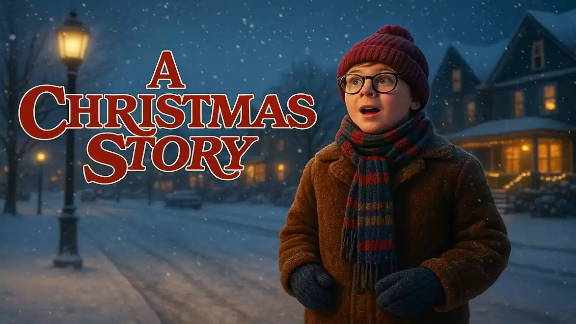 A boy with a red hat and glasses stands on a snowy street, surrounded by houses and a street lamp. The title 'A Christmas Story' is shown in English on the image.