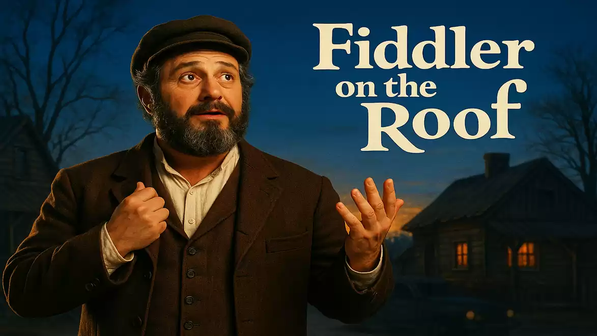 Man in a suit with a cap, text 'Fiddler on the Roof', landscape in the background.