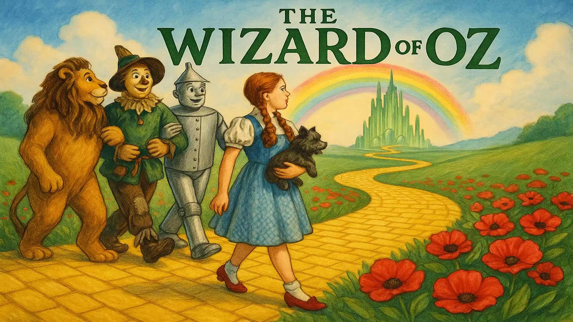The image depicts a scene from 'The Wizard of Oz', showing main characters such as a lion, a scarecrow, a tin man, and a girl with a dog on a yellow brick road. In the background, there is an emerald city and a rainbow.