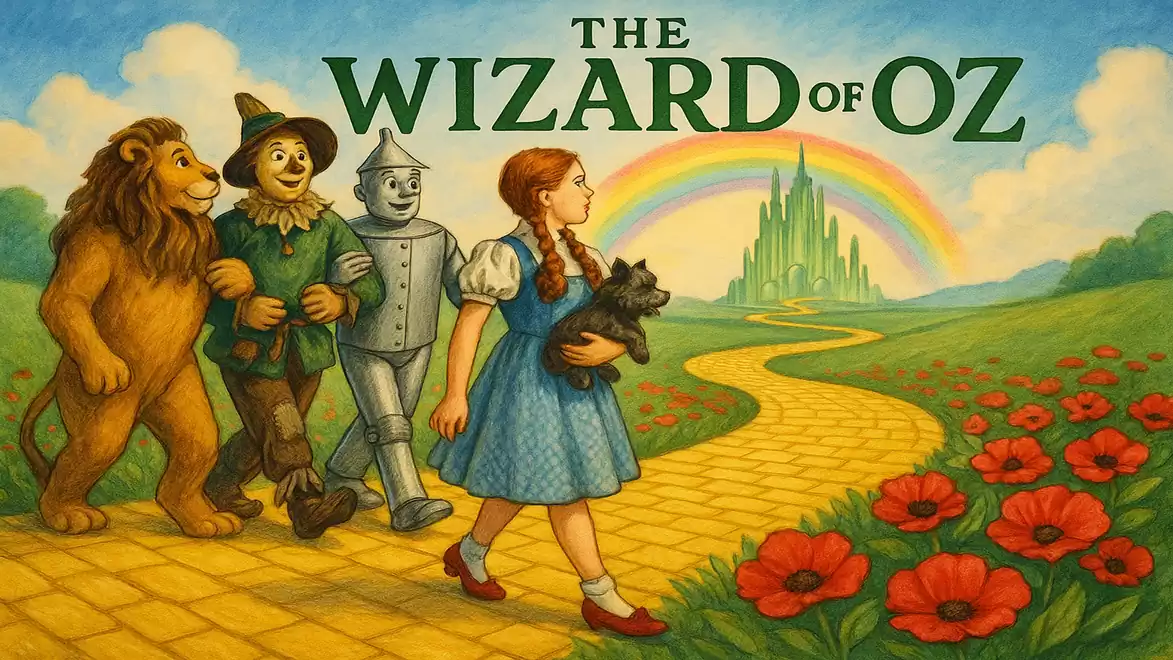 The image depicts a scene from 'The Wizard of Oz', showing main characters such as a lion, a scarecrow, a tin man, and a girl with a dog on a yellow brick road. In the background, there is an emerald city and a rainbow.