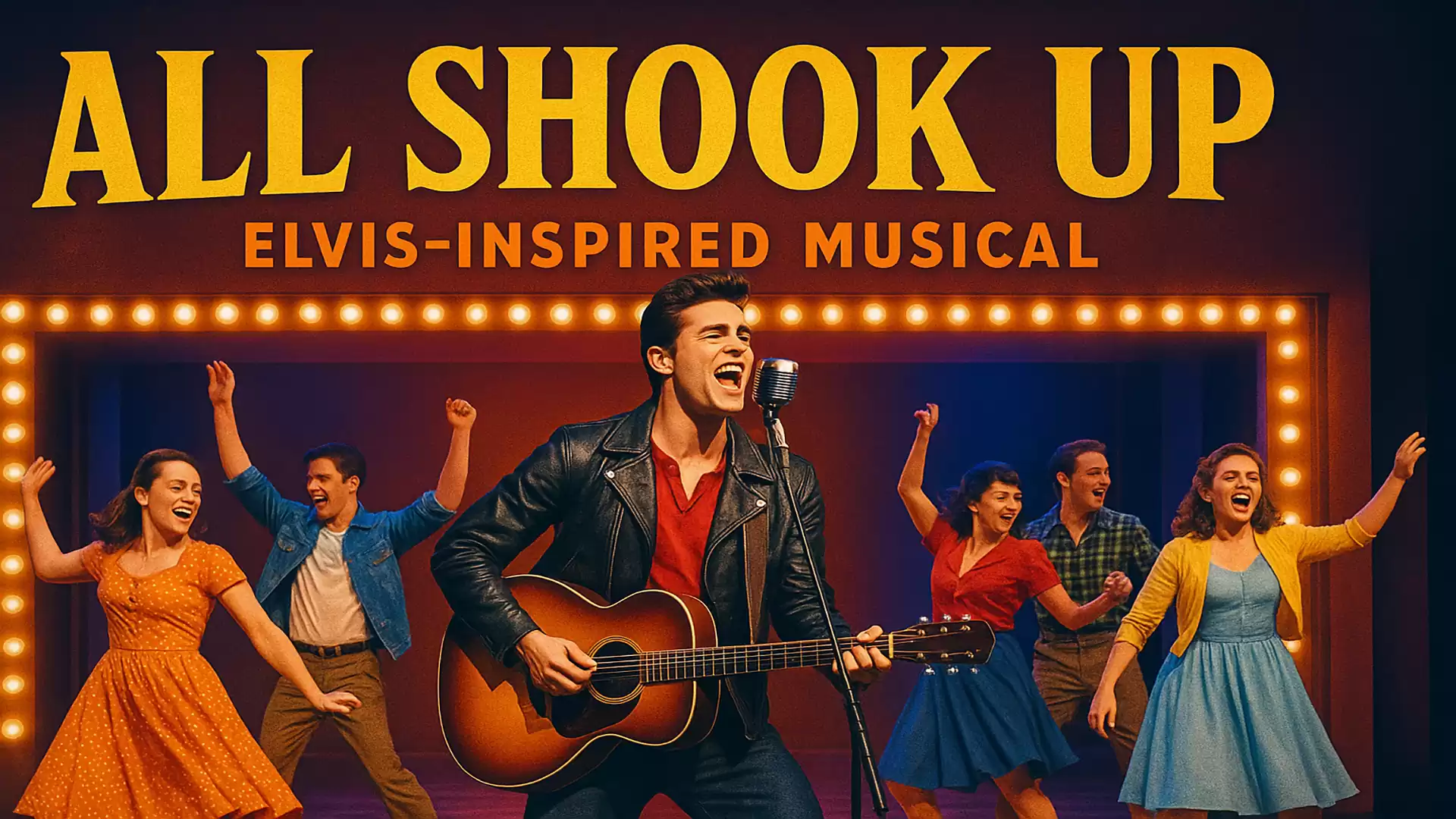 A singer with a guitar on stage, surrounded by dancers in colorful outfits, with the text 'All Shook Up' in the background.