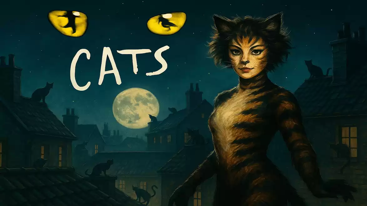 Artistic depiction of a cat-like figure in front of a nighttime cityscape with a full moon.