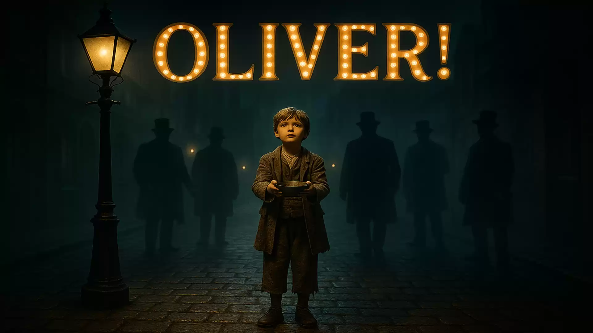 Boy in Victorian attire under a street lamp with the text 'Oliver!' in the background.