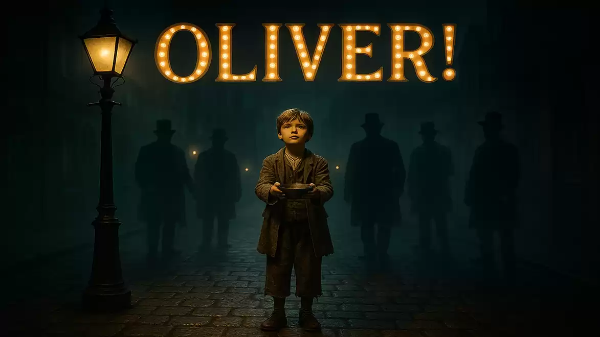Boy in Victorian attire under a street lamp with the text 'Oliver!' in the background.