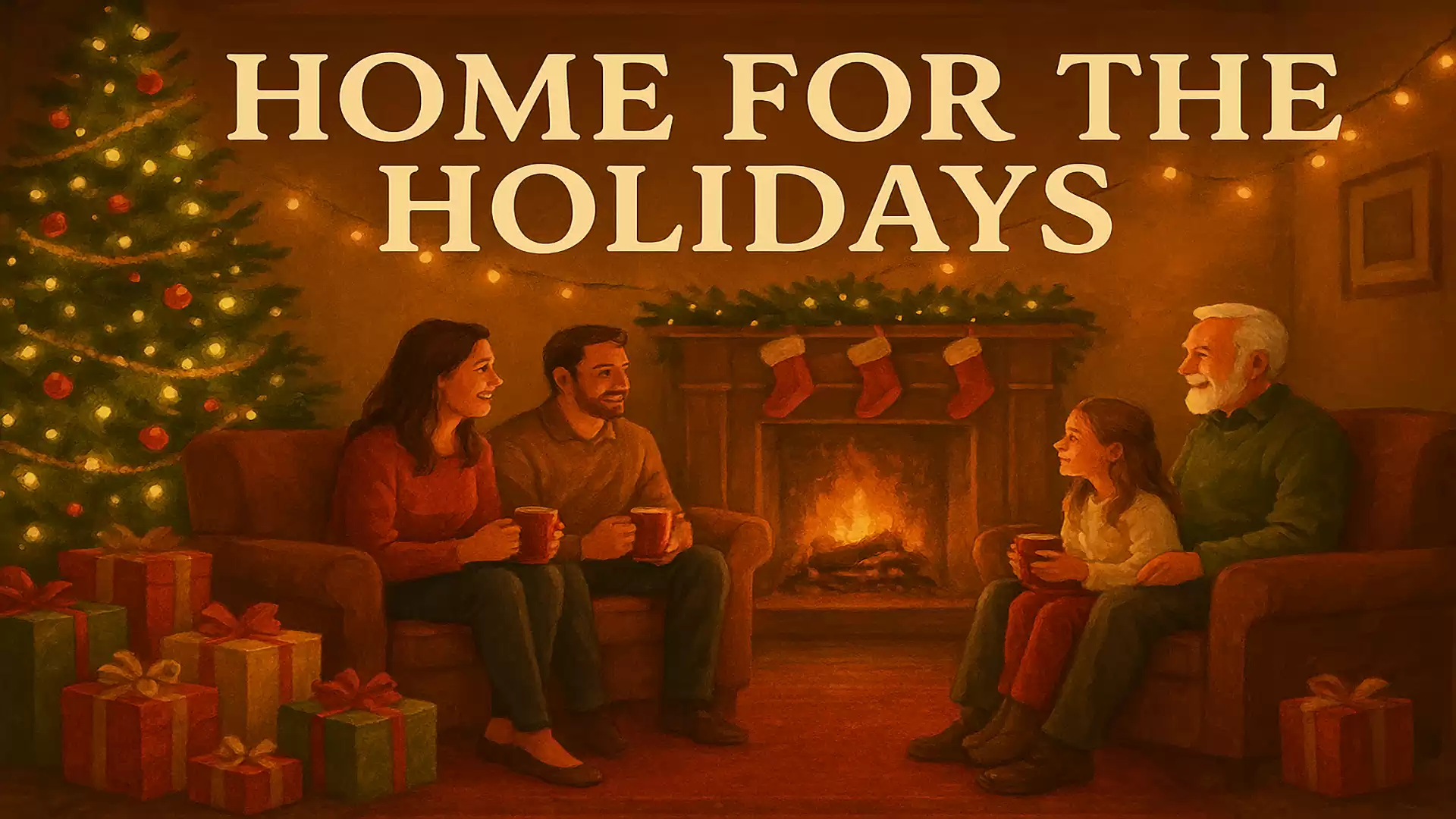 Cozy family scene in front of a fireplace with a Christmas tree and presents, the image features the text 'Home for the Holidays'.