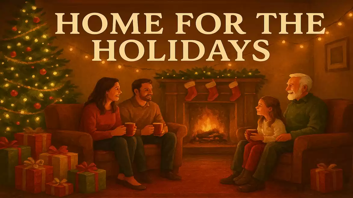 Cozy family scene in front of a fireplace with a Christmas tree and presents, the image features the text 'Home for the Holidays'.