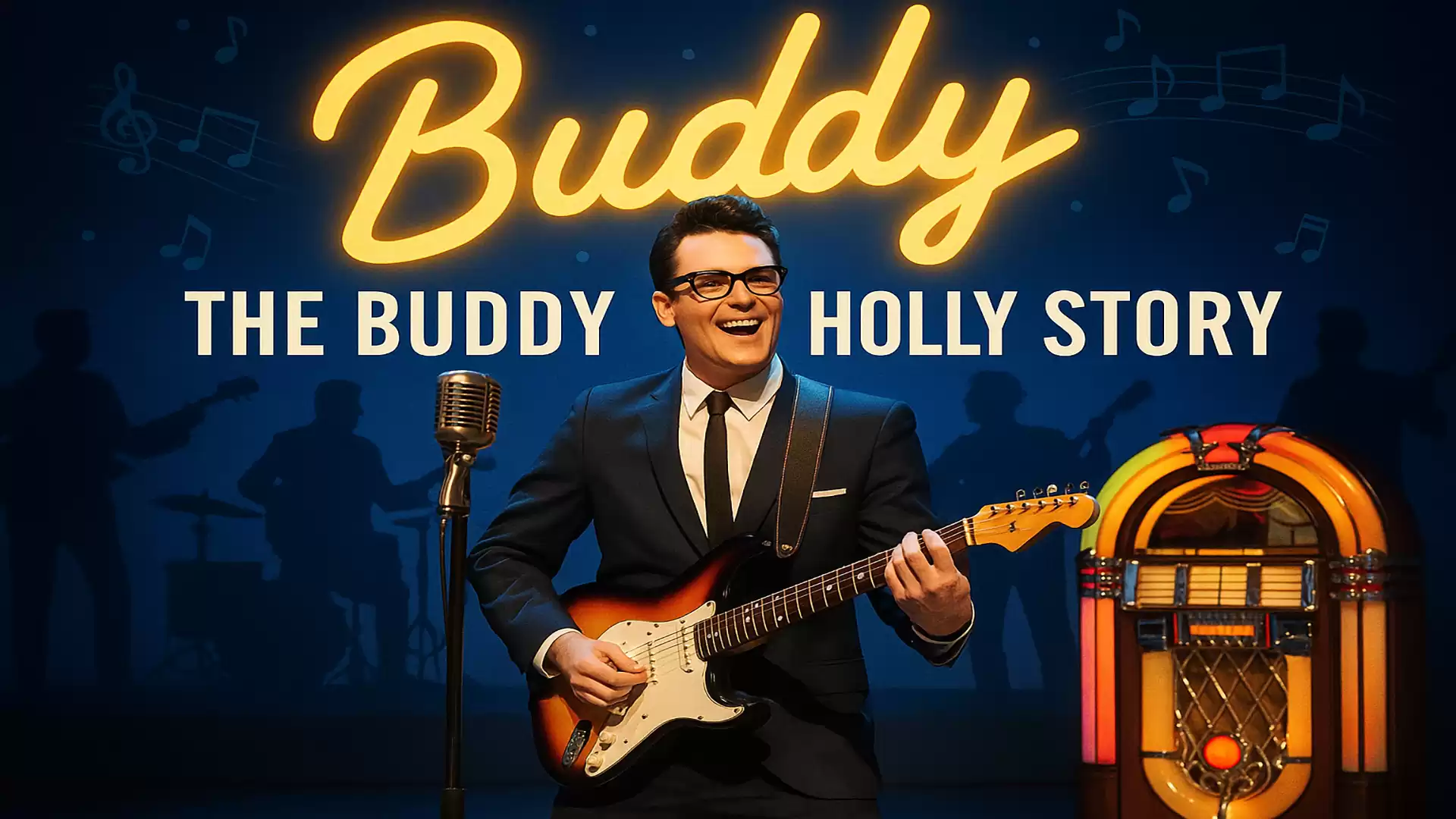 Musician playing guitar on stage with 'Buddy: The Buddy Holly Story' poster in the background