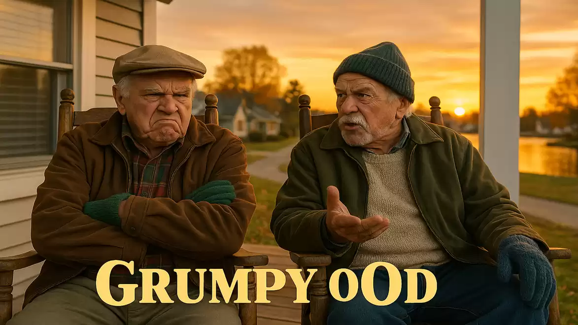 Two elderly men sitting on a porch at sunset. One looks grumpy, while the other gestures and talks. 'Grumpy Old' text in the foreground.