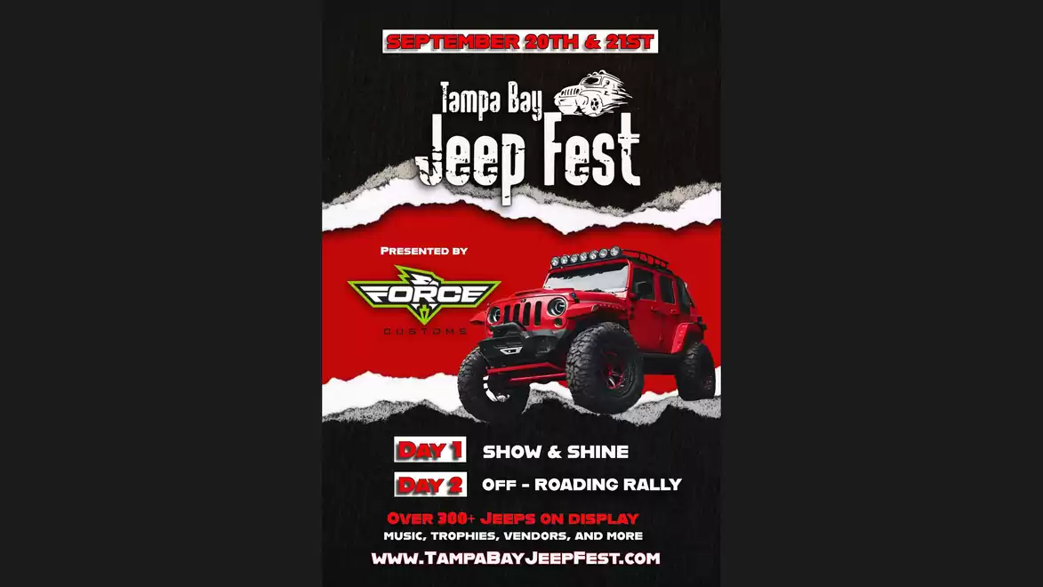 Poster of the Tampa Bay Jeep Fest featuring a red jeep and event details.