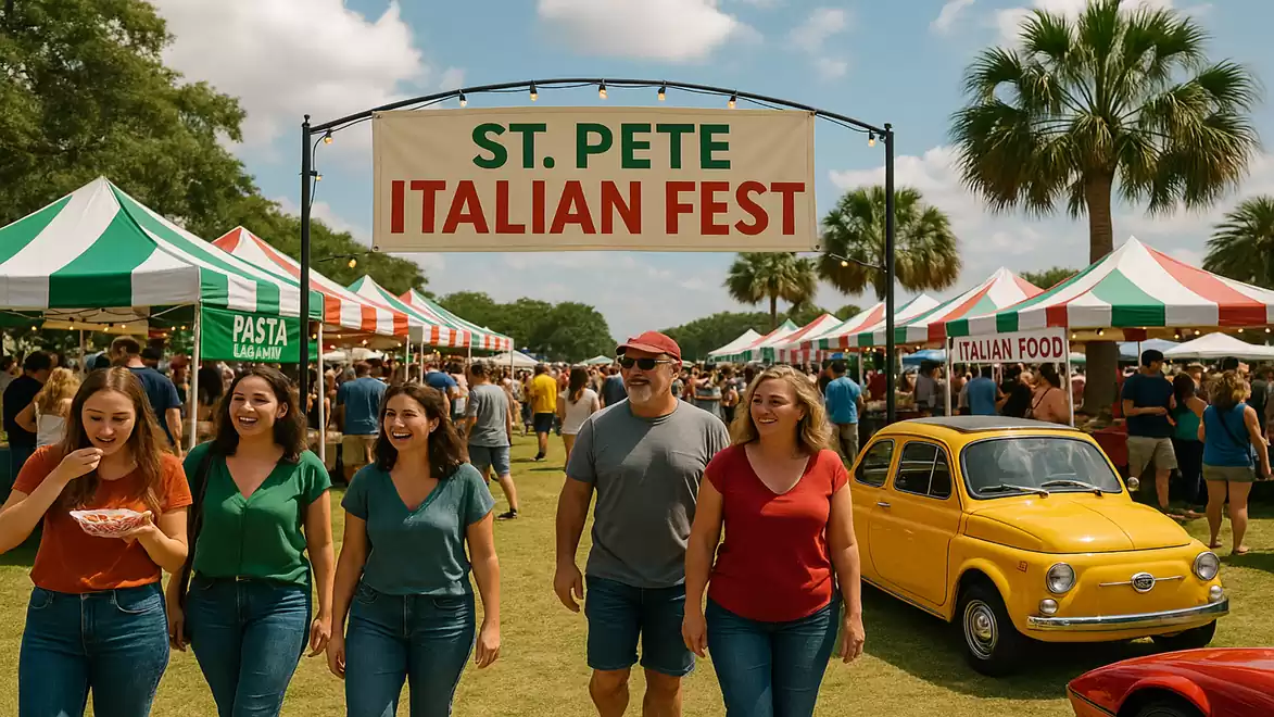 A group of people walking at an Italian-themed festival, surrounded by colorful tents and a yellow car.