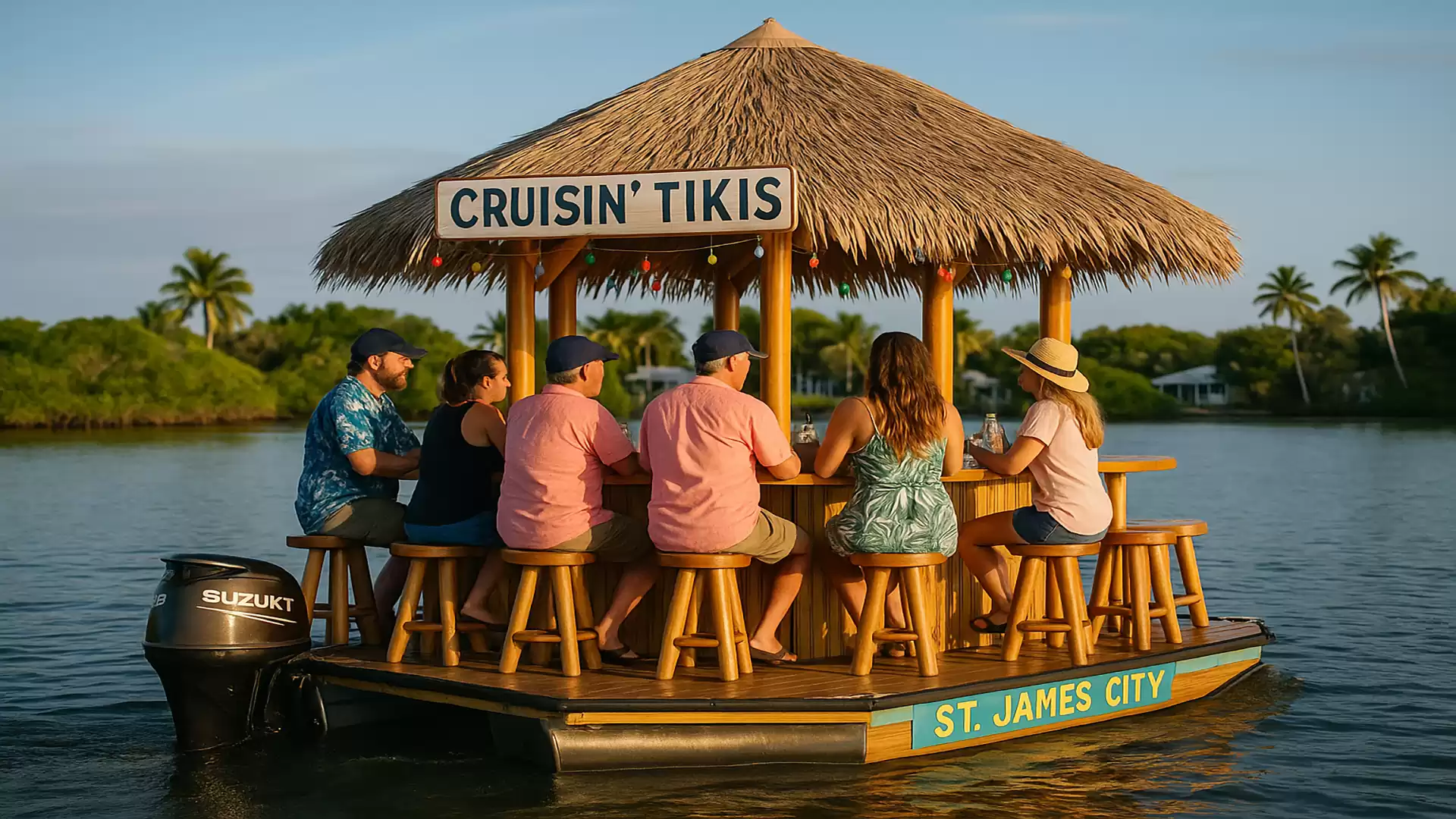 Group of people on a floating tiki boat with a thatched roof on calm waters at sunset.