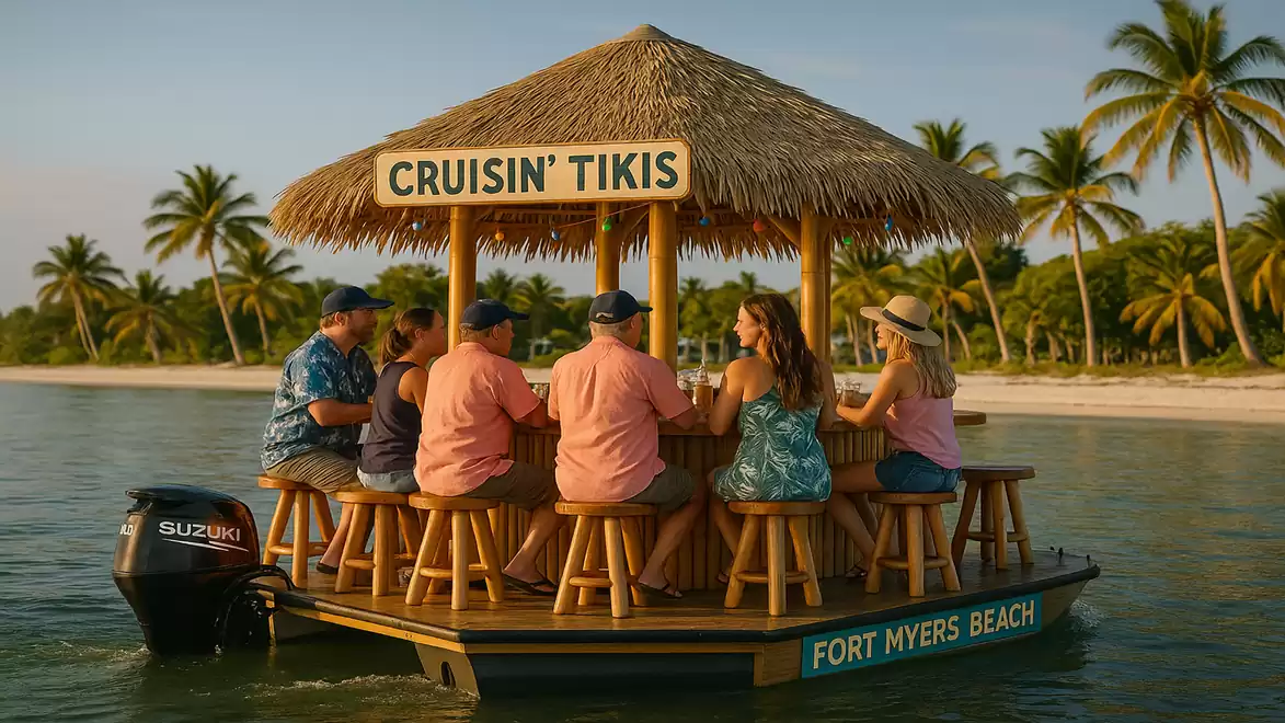 A group of people relaxing on a floating Tiki bar raft on calm waters off Fort Myers Beach, surrounded by palm trees at sunset.