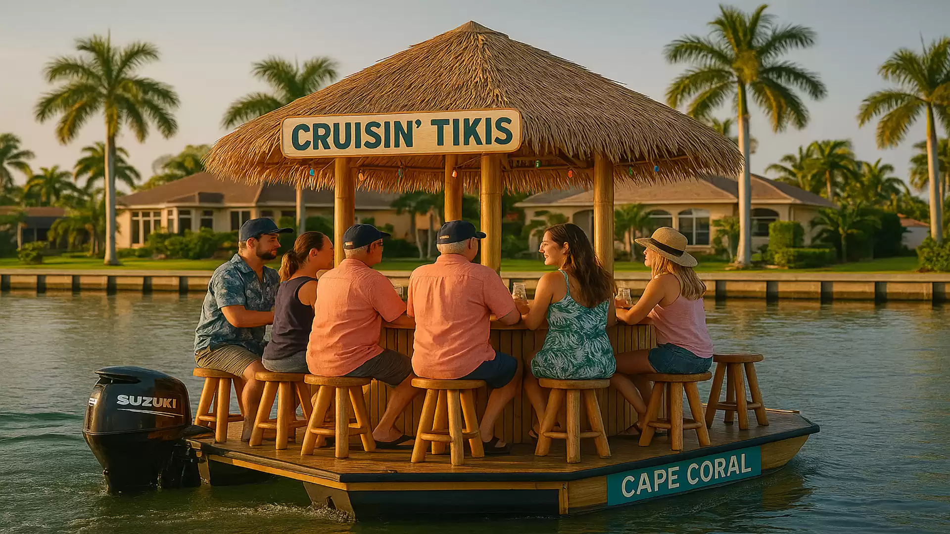 A group of people sits at a round bar on a raft with a straw roof, labeled 'Cruisin' Tikis'. The background features palm trees and modern waterfront homes.