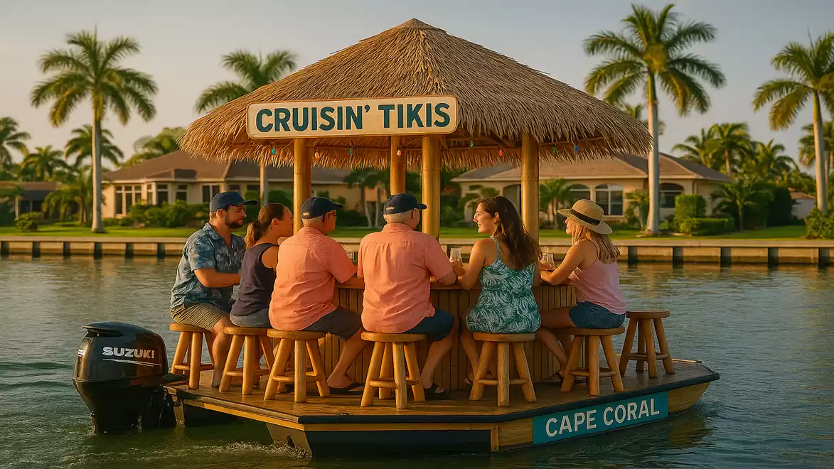 A group of people sits at a round bar on a raft with a straw roof, labeled 'Cruisin' Tikis'. The background features palm trees and modern waterfront homes.
