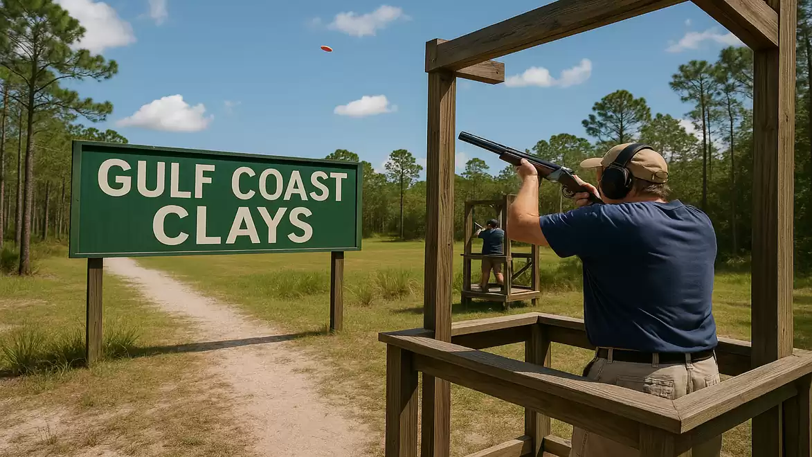 Man in blue clothing shooting a flying target with a shotgun at a shooting range labeled 'Gulf Coast Clays'.