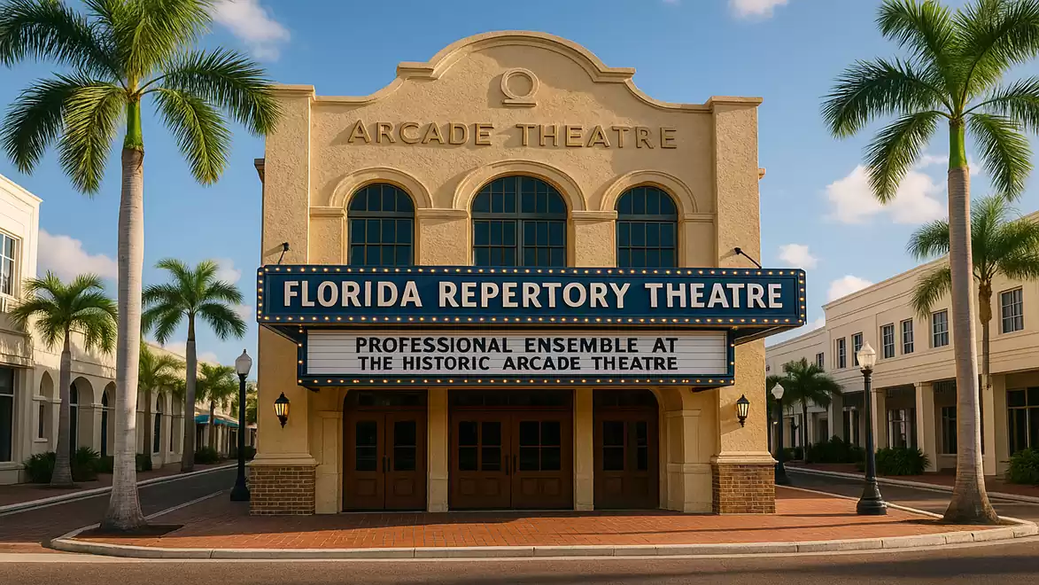 Historic Arcade Theatre with palm trees and blue sky in Florida.