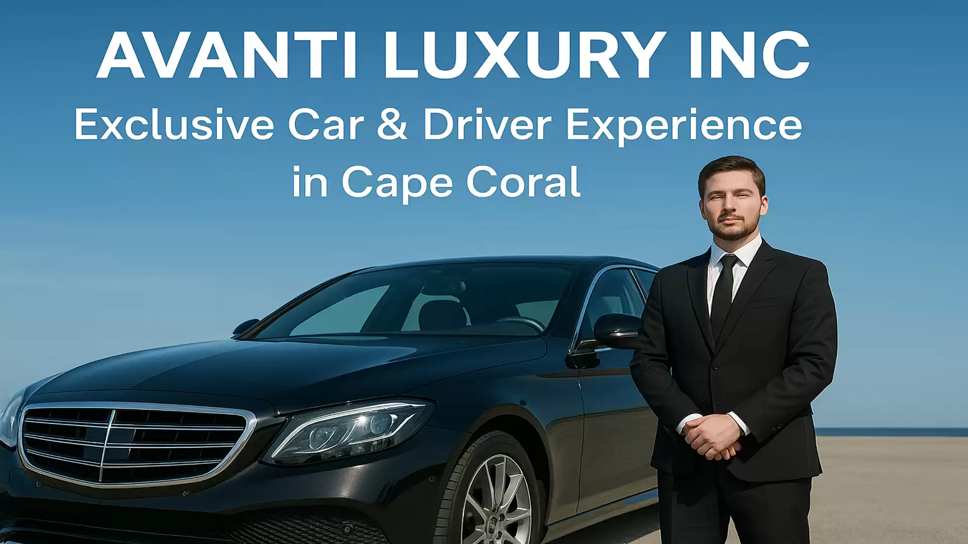 A man in a suit stands next to a luxury black car under a blue sky. Text above reads: AVANTI LUXURY INC - Exclusive Car & Driver Experience in Cape Coral.