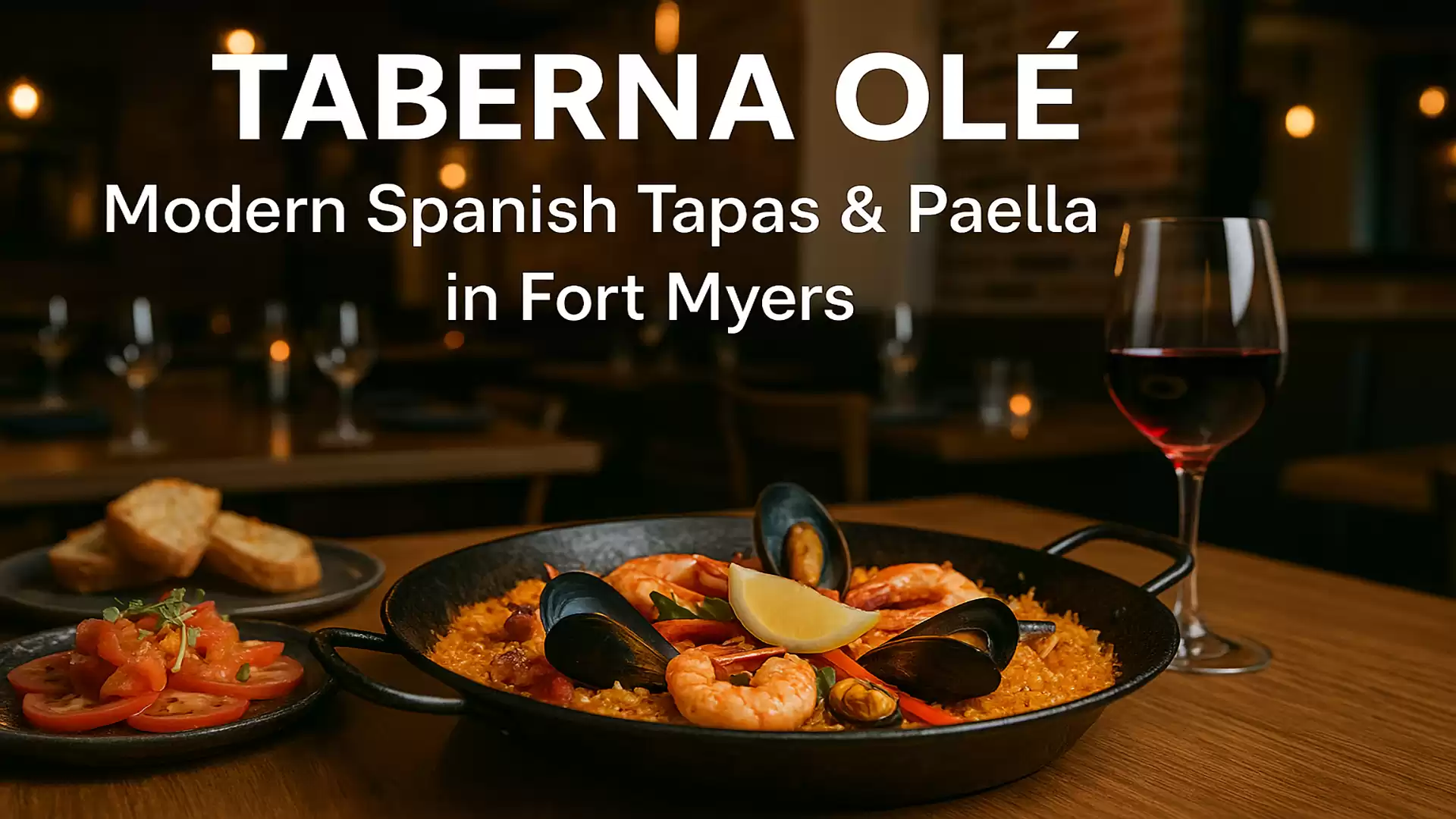 A plate of Spanish paella, garnished with seafood, a lemon wedge, and mussels, is on a wooden table in a restaurant. In the background, a glass of red wine and blurred table decorations are visible. The text above reads 'TABERNA OLÉ Modern Spanish Tapas &