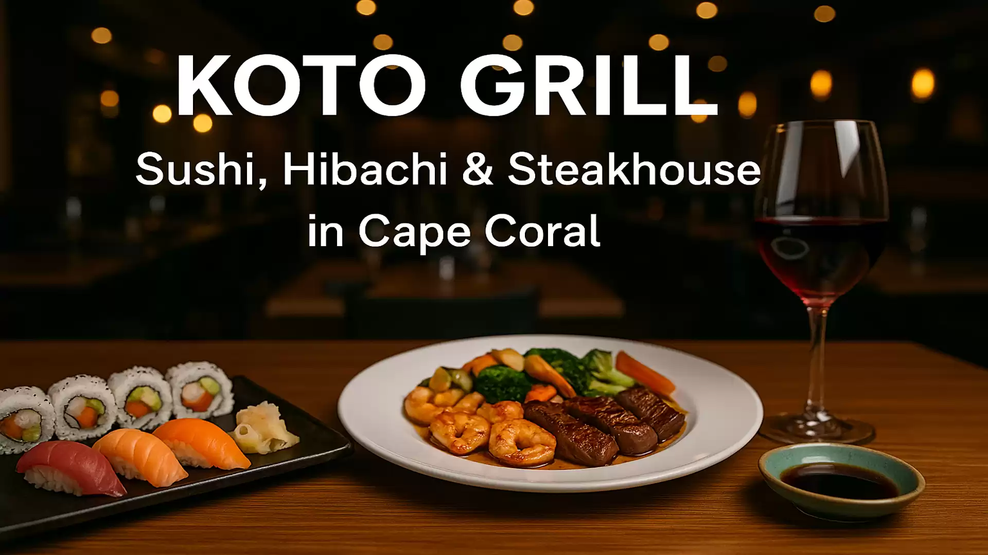 Koto Grill restaurant in Cape Coral featuring sushi, hibachi, and steak with a glass of red wine in an ambiently lit setting.