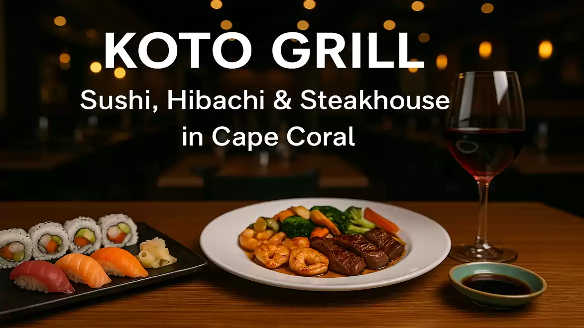 Koto Grill restaurant in Cape Coral featuring sushi, hibachi, and steak with a glass of red wine in an ambiently lit setting.