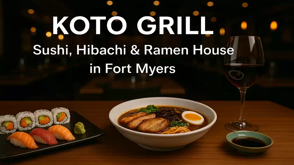 A plate with sushi and ramen in front of a glass of red wine, with the text 'Koto Grill: Sushi, Hibachi & Ramen House in Fort Myers'.
