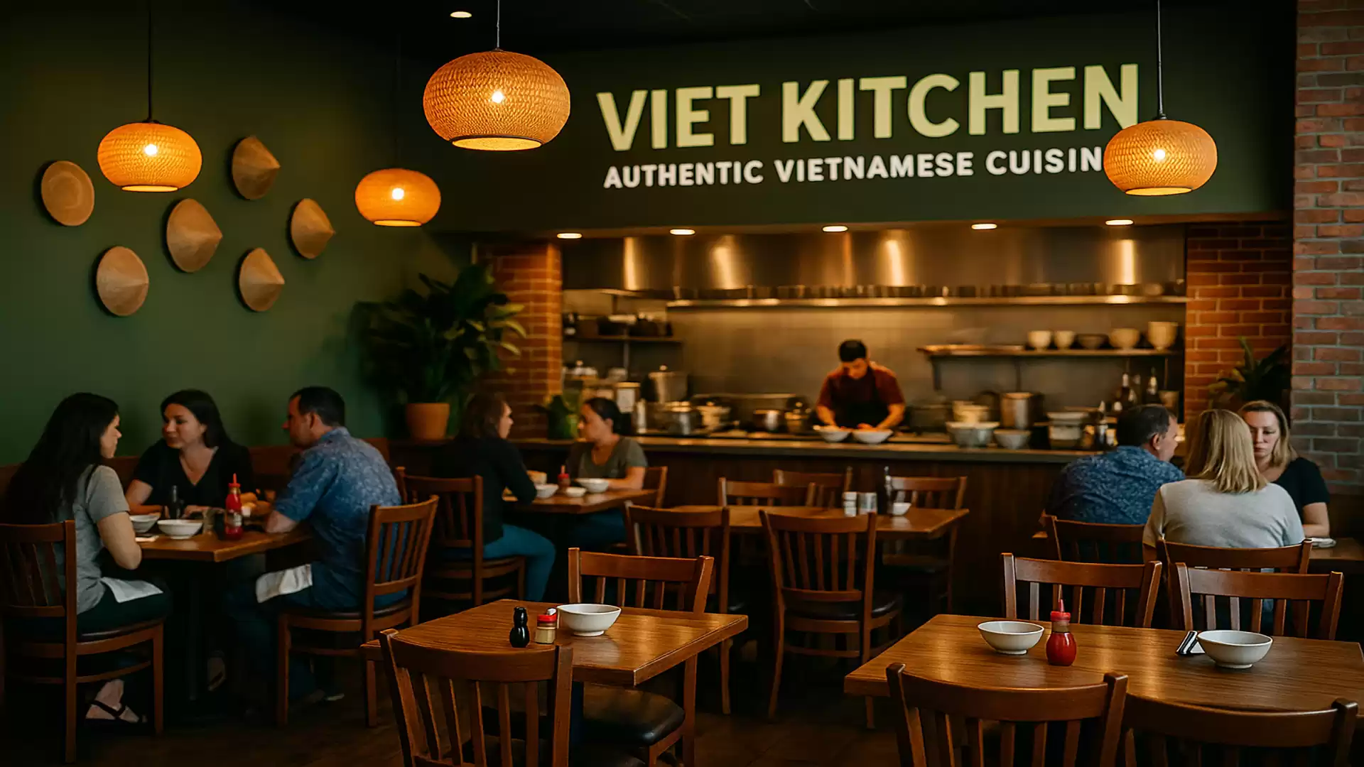Cozy Vietnamese restaurant with guests sitting at wooden tables. Warm lighting and a chef in the open kitchen in the background.