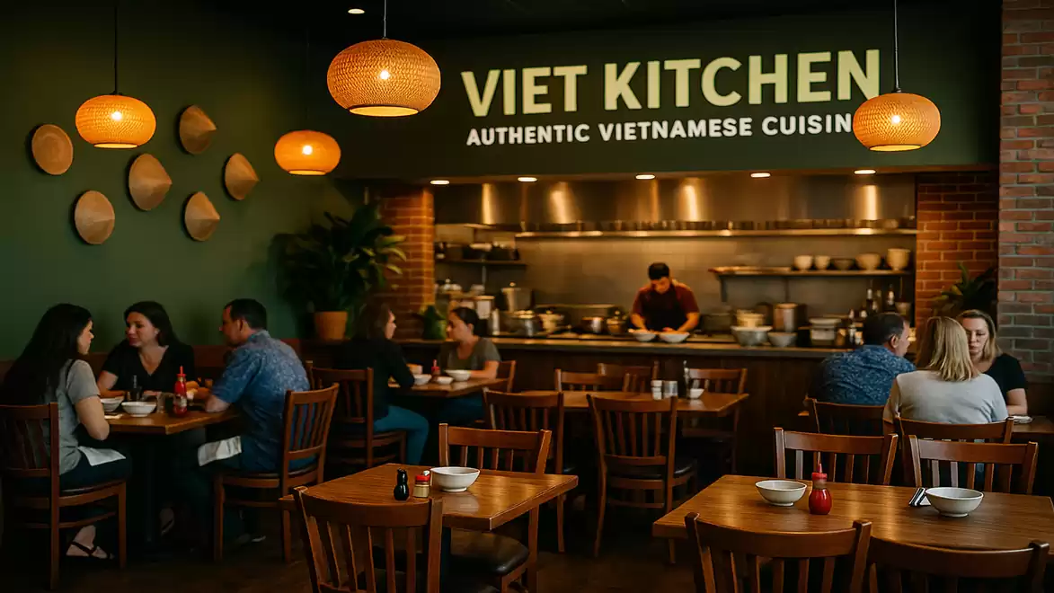 Cozy Vietnamese restaurant with guests sitting at wooden tables. Warm lighting and a chef in the open kitchen in the background.