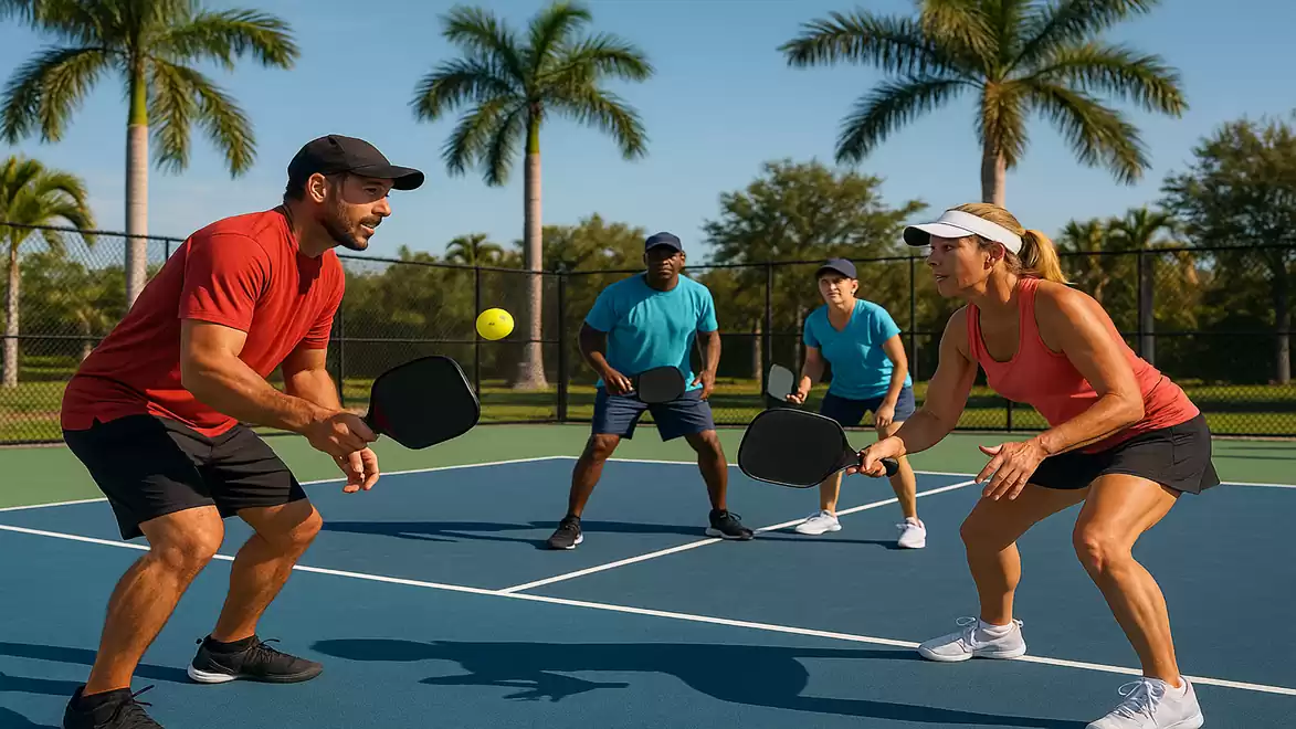 Four people playing pickleball on an outdoor court with palm trees and a blue sky in the background.