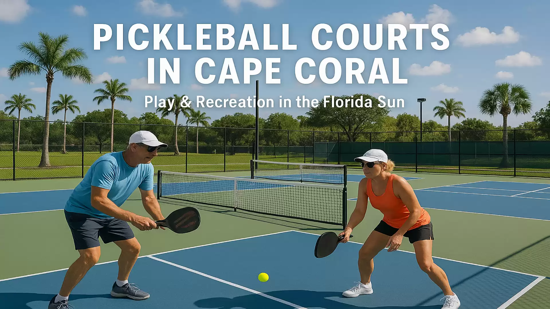 Two people playing pickleball on a court in Cape Coral, Florida, surrounded by palm trees.