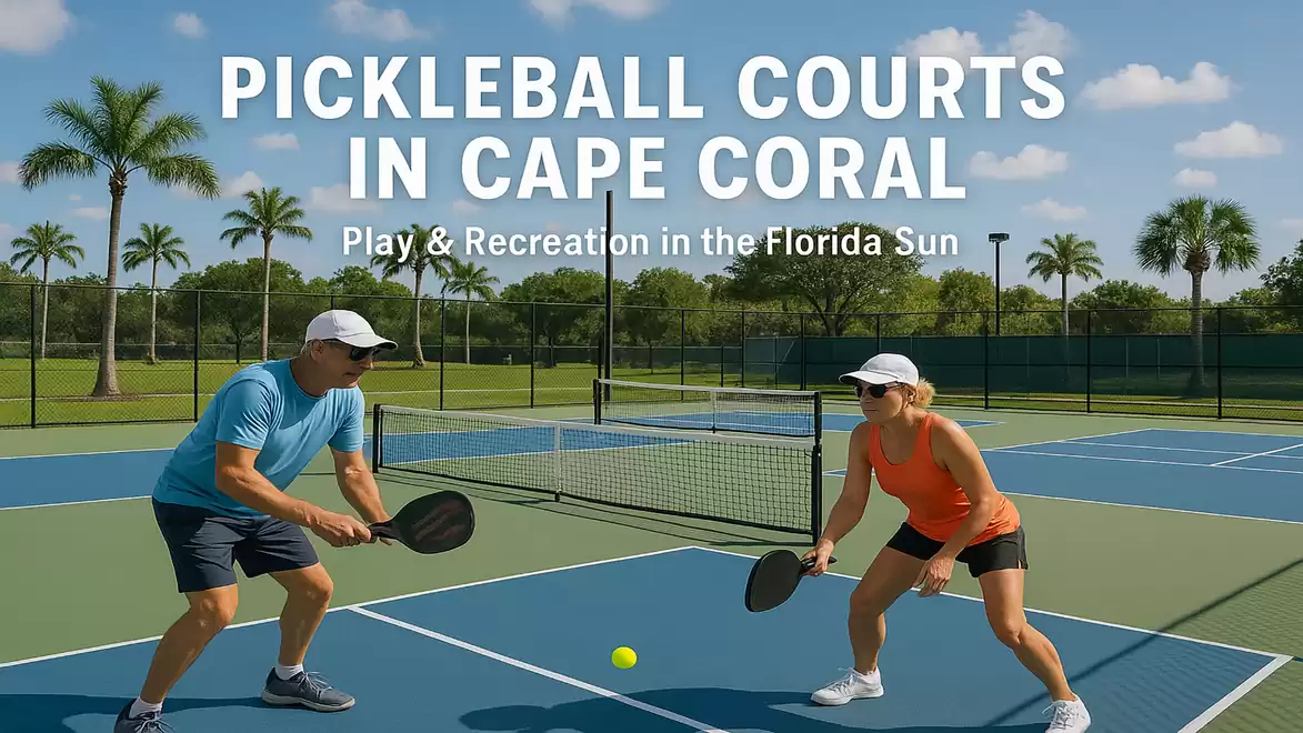 Two people playing pickleball on a court in Cape Coral, Florida, surrounded by palm trees.