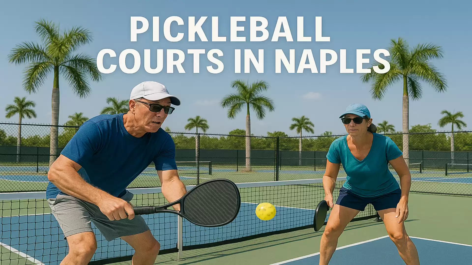 Two people playing pickleball on a court in Naples, surrounded by palm trees.