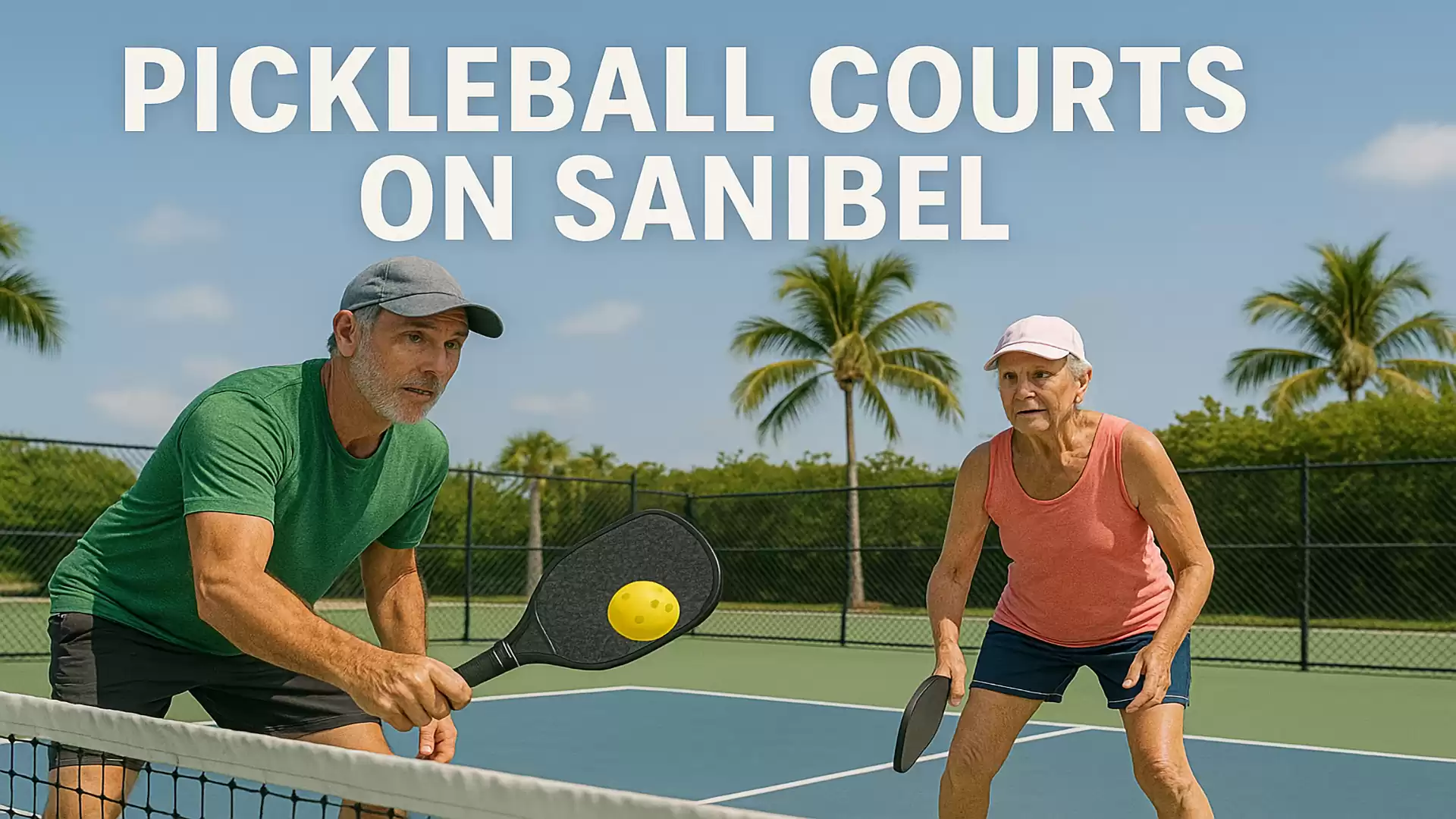 An older couple playing pickleball on a court under palm trees in Sanibel.