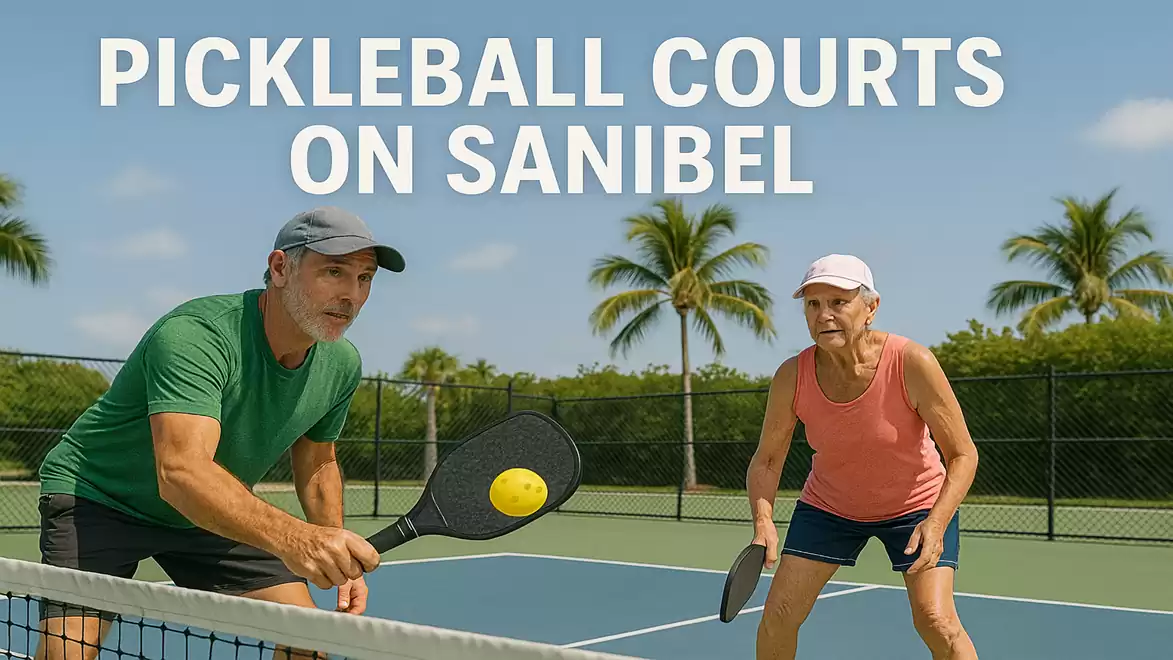 An older couple playing pickleball on a court under palm trees in Sanibel.