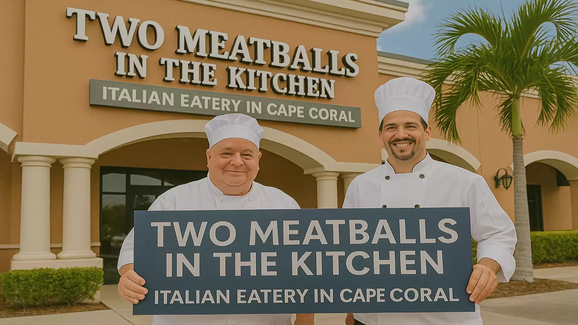 Two chefs standing in front of a restaurant named 'Two Meatballs in the Kitchen' in Cape Coral holding a sign with the same name.