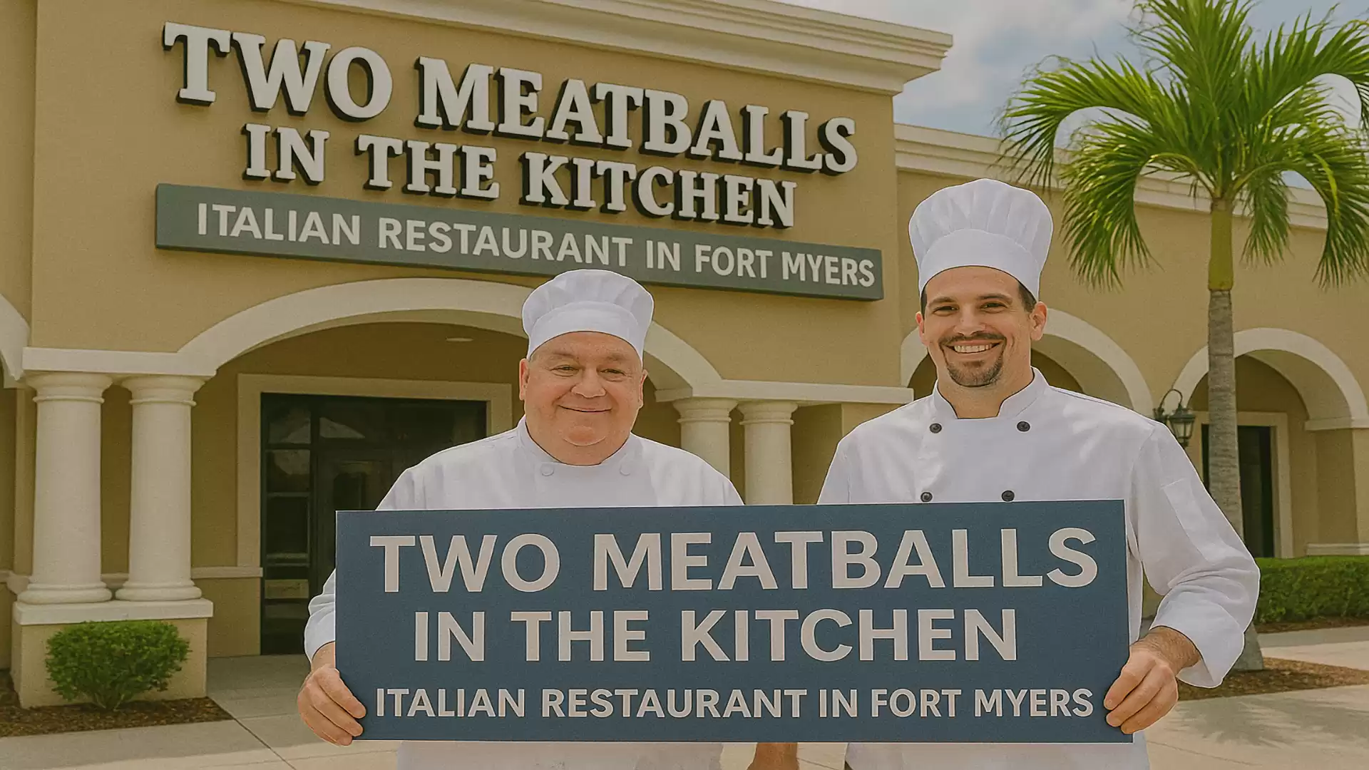 Two chefs in traditional cooking attire stand smiling in front of the Italian restaurant 'Two Meatballs in the Kitchen' in Fort Myers, holding a sign with the restaurant name.