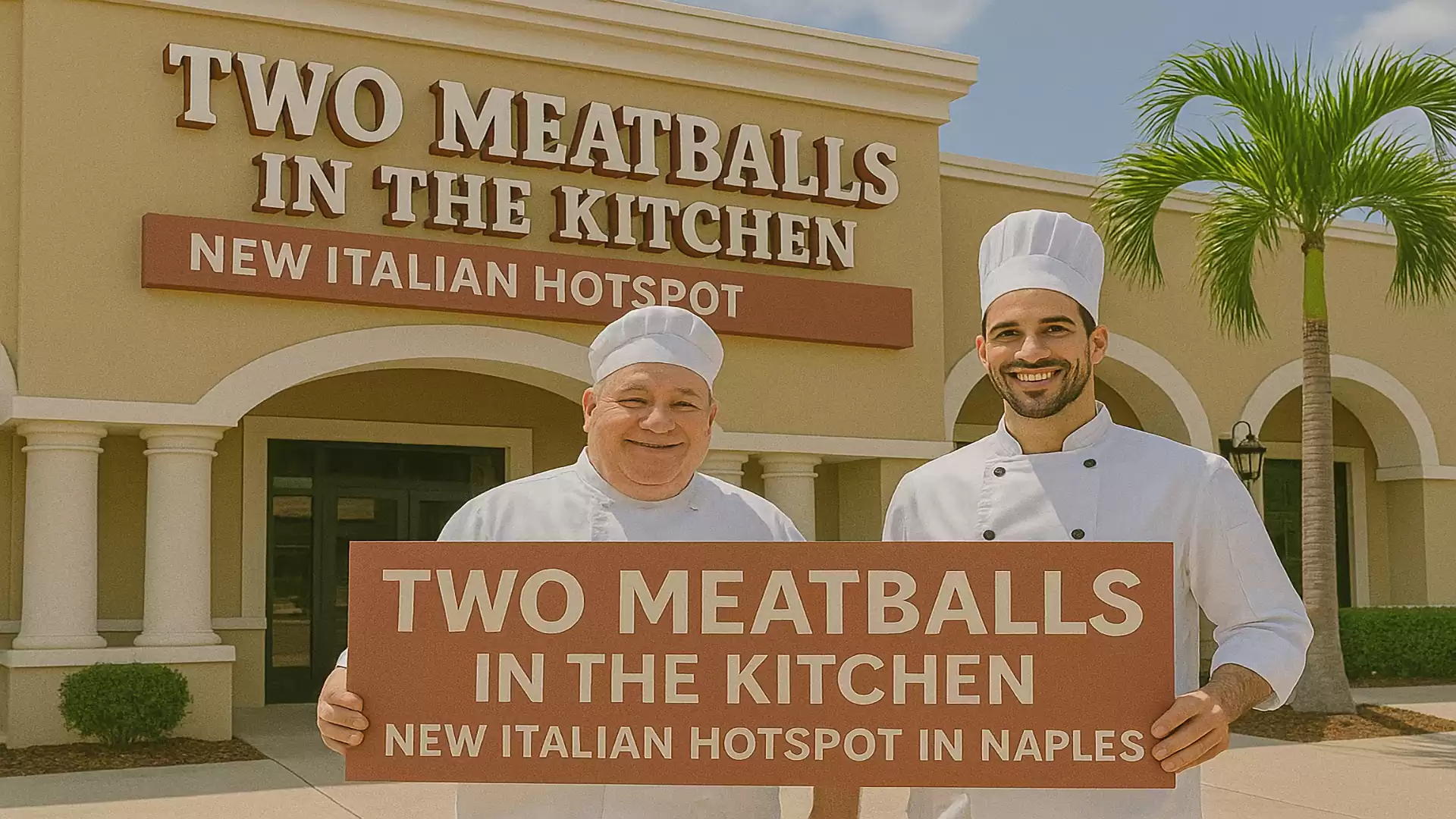 Two chefs standing in front of a restaurant named 'Two Meatballs in the Kitchen', a new Italian hotspot in Naples.