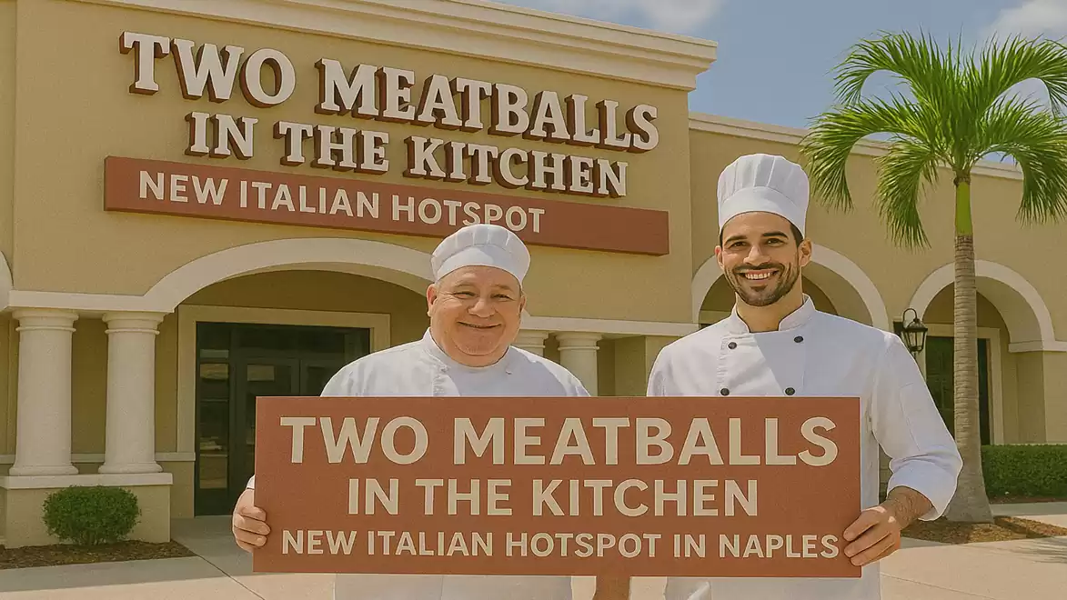 Two chefs standing in front of a restaurant named 'Two Meatballs in the Kitchen', a new Italian hotspot in Naples.