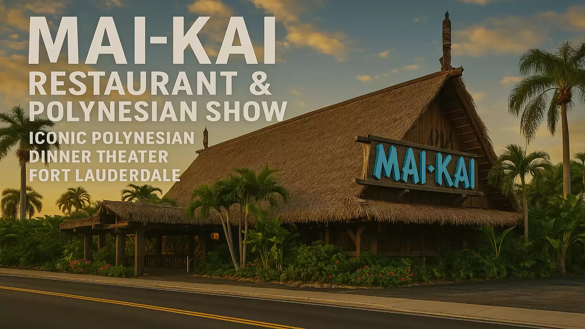 Exterior view of the Mai-Kai Restaurant and Polynesian Show in Fort Lauderdale at sunset with palm trees in the background.