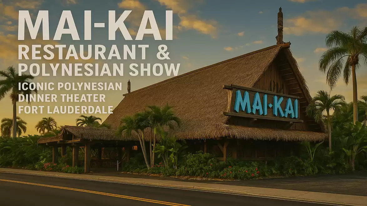 Exterior view of the Mai-Kai Restaurant and Polynesian Show in Fort Lauderdale at sunset with palm trees in the background.