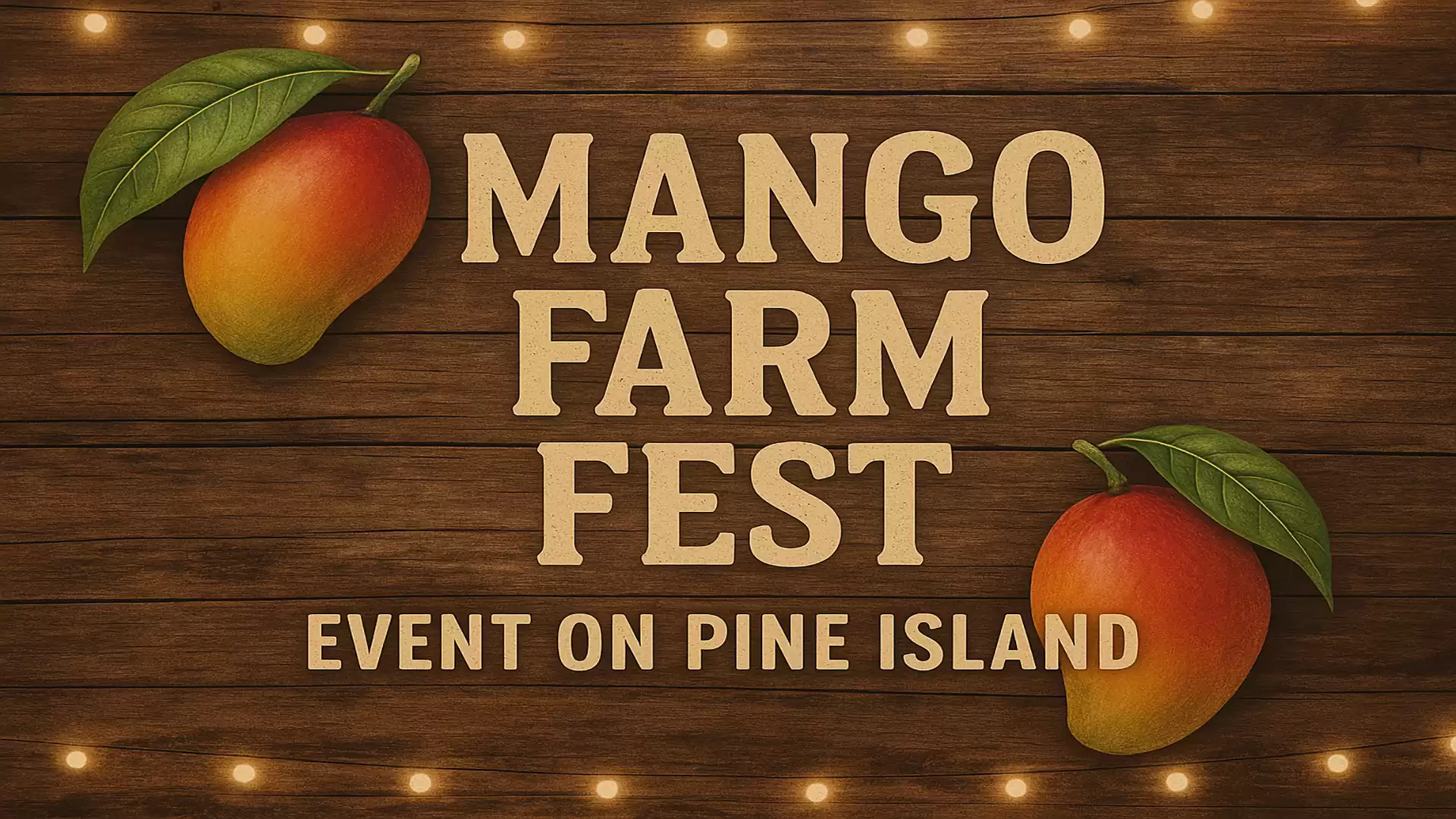 Invitation image for Mango Farm Fest on Pine Island with mangoes and lettering on wooden background.