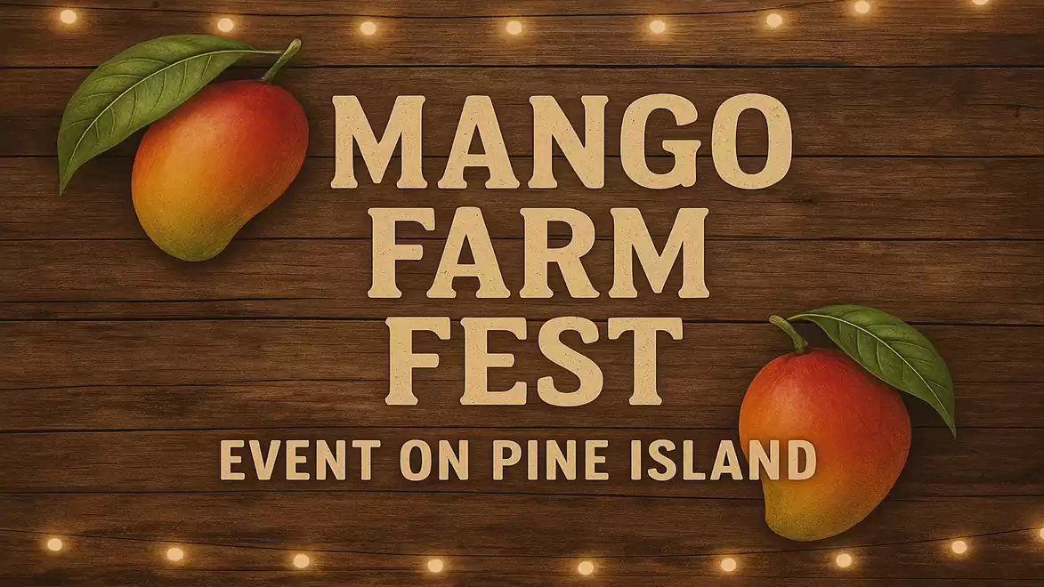 Invitation image for Mango Farm Fest on Pine Island with mangoes and lettering on wooden background.