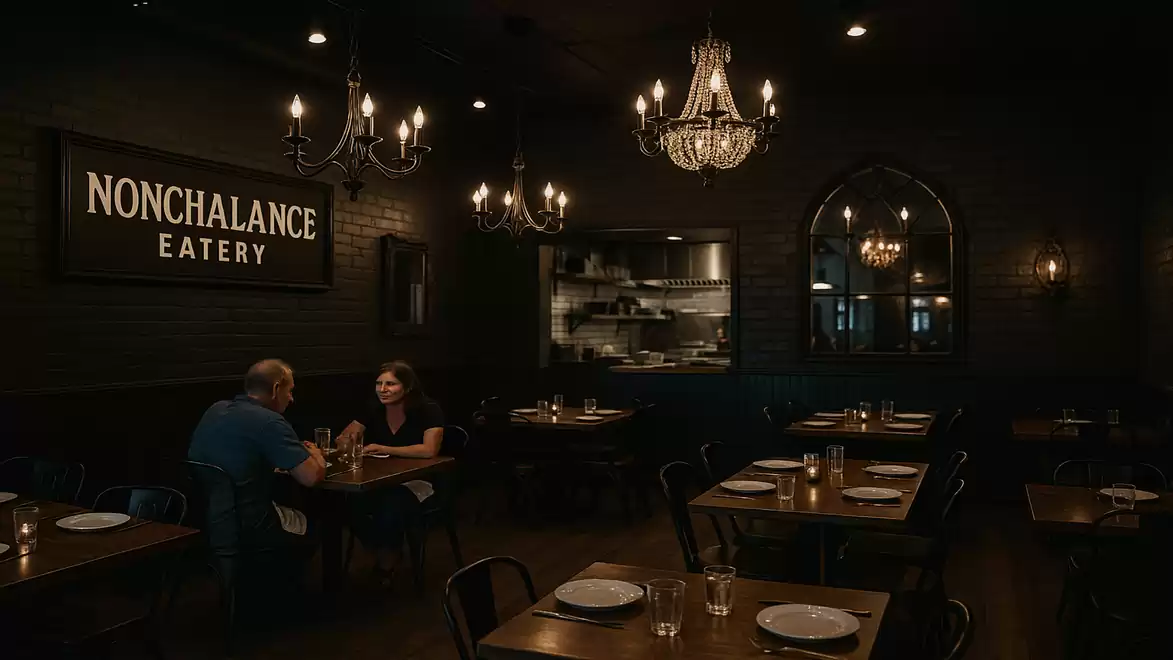 Cozy restaurant with dim lighting and chandeliers, a couple dining at a table.