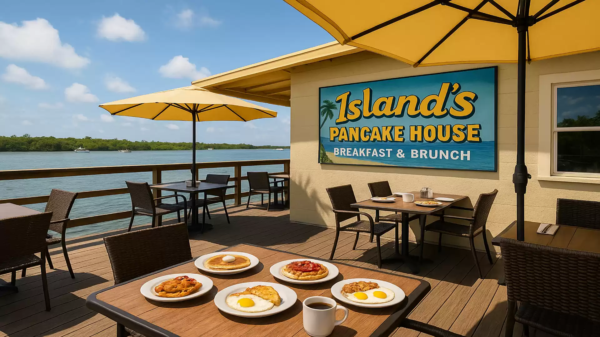 A sunny terrace restaurant with yellow umbrellas, tables, and chairs. On a table are plates with pancakes, fried eggs, and a cup of coffee. In the background is a building wall with a sign 'Island's Pancake House', beside a scenic view of the water.