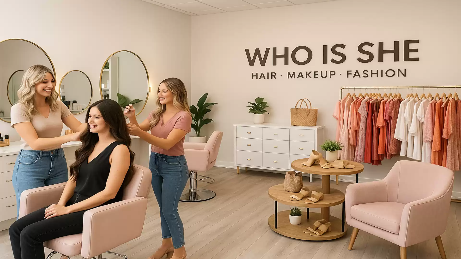 A modern hair salon with two women styling another woman's hair. In the background, there is a clothing rack, shelves with plants, and a table. The wall displays the text 'WHO IS SHE - HAIR, MAKEUP, FASHION'.