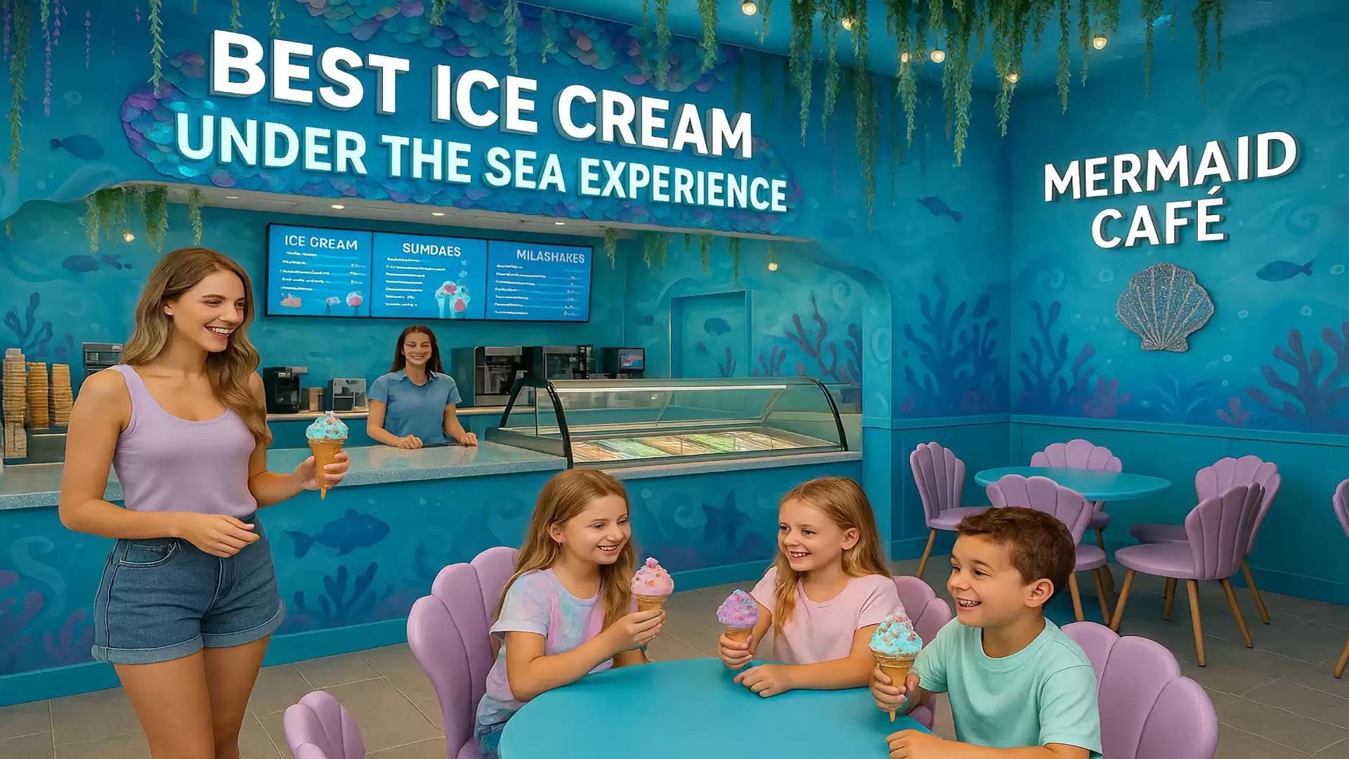 A group of people enjoying ice cream in a mermaid-themed café with an underwater atmosphere. The décor features blue and purple tones, with a sign saying 'Best Ice Cream Under the Sea Experience'.