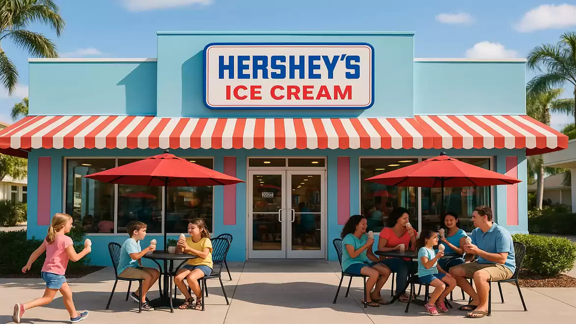 A family enjoys ice cream in front of an ice cream shop with a red and white striped awning and the sign 'Hershey's Ice Cream'. Palm fronds are visible in the background.