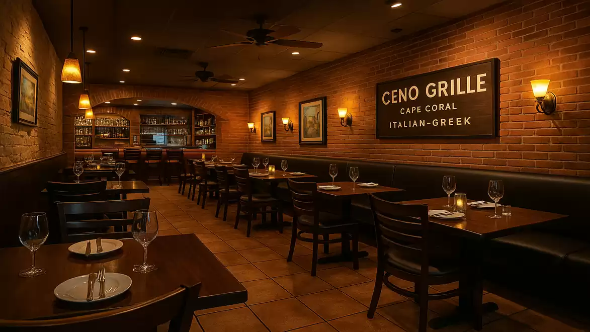 Cozy restaurant with brick walls, dark brown wooden tables and chairs. A sign reading 'Ceno Grille' on the wall.
