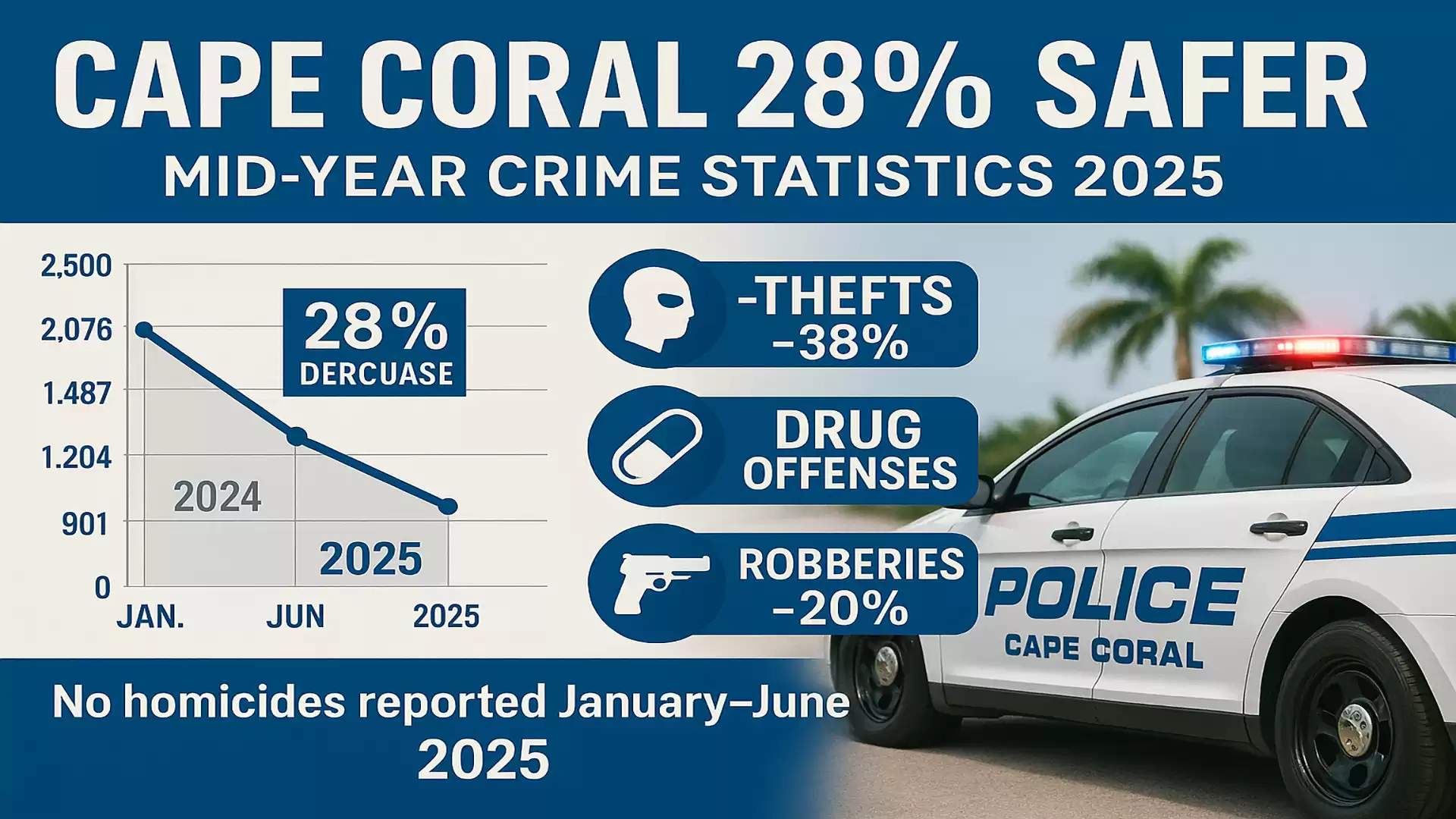 Infographic about crime statistics 2025 in Cape Coral, showing a 28% crime reduction with specific decreases in thefts, drug offenses, and robberies. Police car in the background.