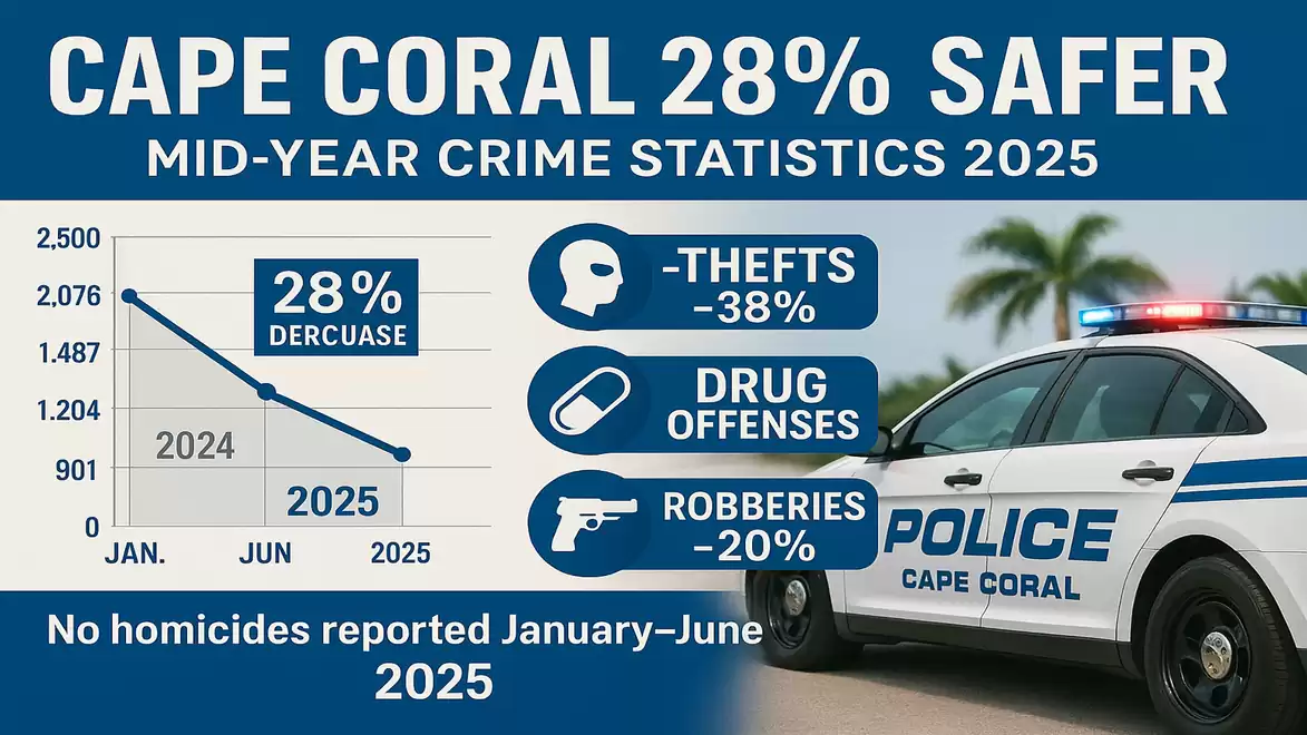 Infographic about crime statistics 2025 in Cape Coral, showing a 28% crime reduction with specific decreases in thefts, drug offenses, and robberies. Police car in the background.