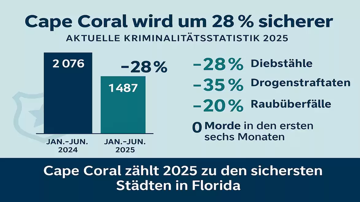 Infographic shows that Cape Coral has become 28% safer by 2025 with decreases in thefts, drug offenses, and robberies.